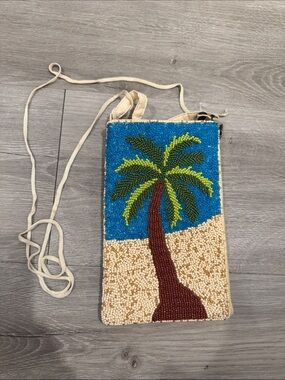Beaded Palm Tree Crossbody Bag in Blue and Beige